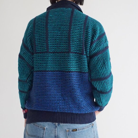 Vintage Bonnie Blue Teal Geometric Beaded Collared Button Front Sweater L - Picture 2 of 11